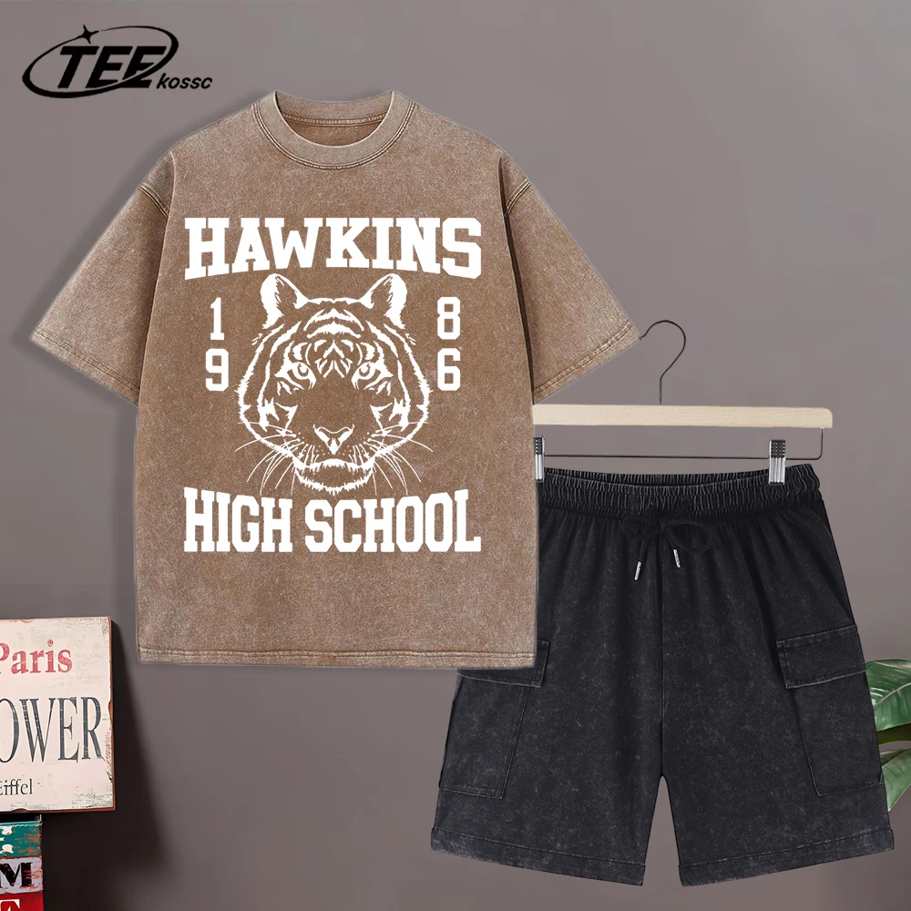 

Hawkins 1986 High School Prints Men T-Shirts Summer Street T-Shirt Casual Loose Clothes Soft Cotton Male Washed Tops Suit