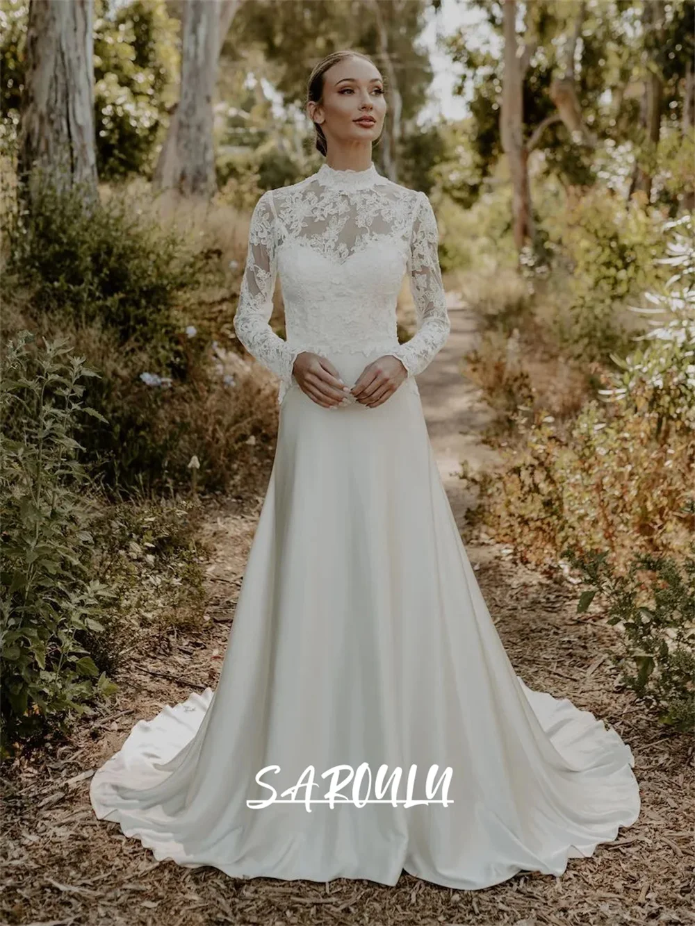 

Silky Satin A Line Wedding Dress, Long Sleeves, High Neck, Lace Bride Dresses With Court Train, Open Back Bohemian Bridal Gown