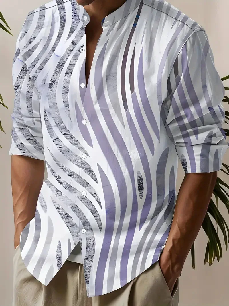 New Men's Dark, Light Luxury Shirt Long Sleeve 3D Striped Printed Floral Gentleman Clothing Single Row Business Casual Brand New