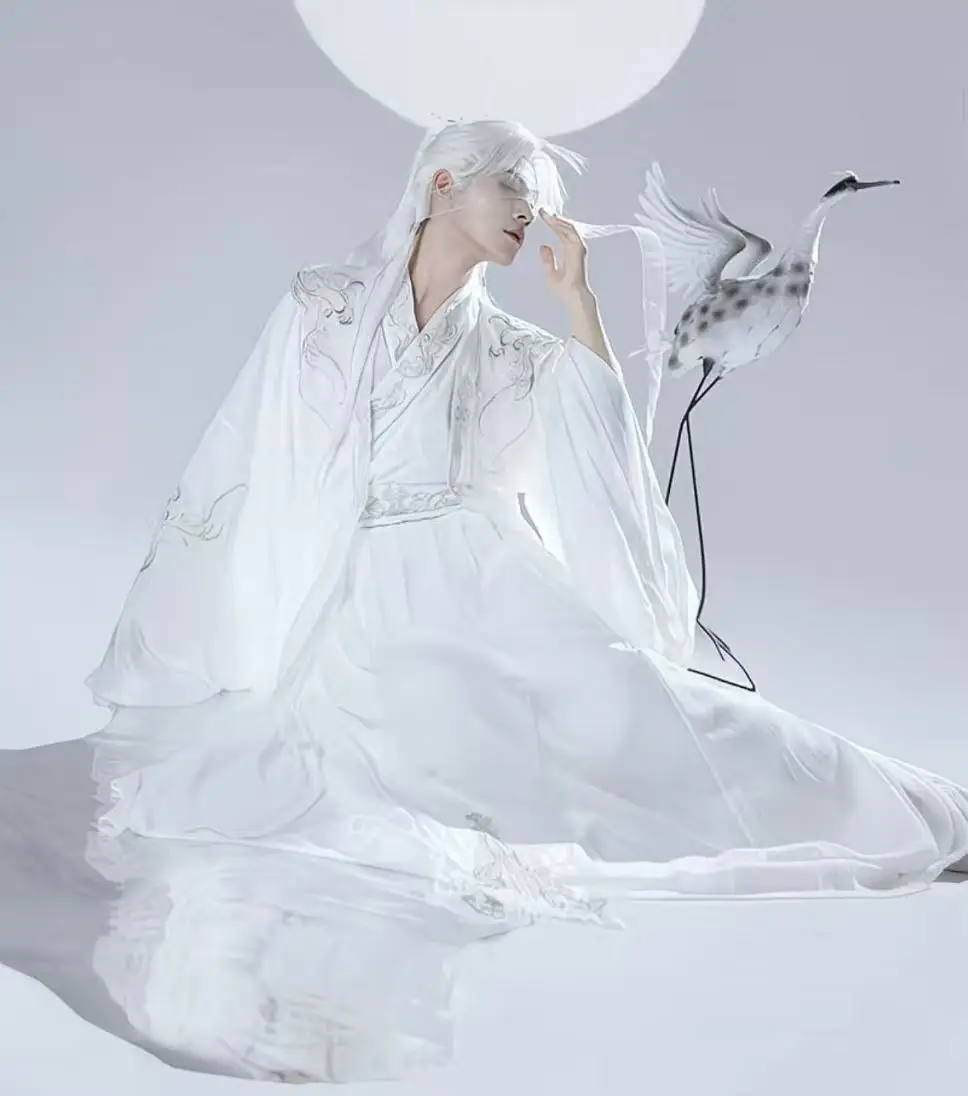 Original Hanfu Men Women Traditional Chinese Fairy Martial Embroidery Suits Halloween Event Cosplay Costume Large Sleeve White