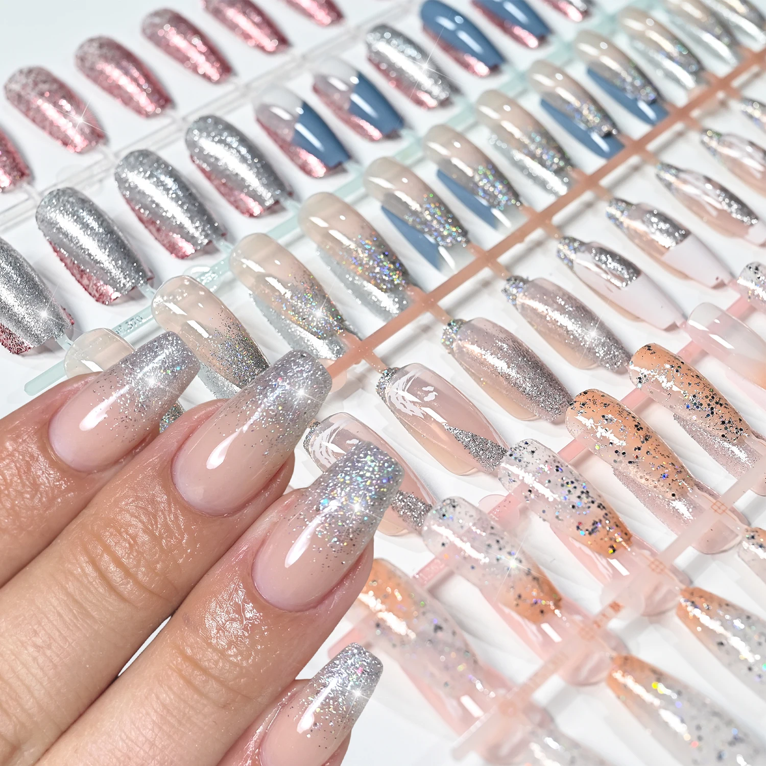 120Pcs Medium Coffin Silver Glitter Press On Nails 5Styles Nude Pink Blue Gold Rose French Tips Fake Nail for Daily Office Nail