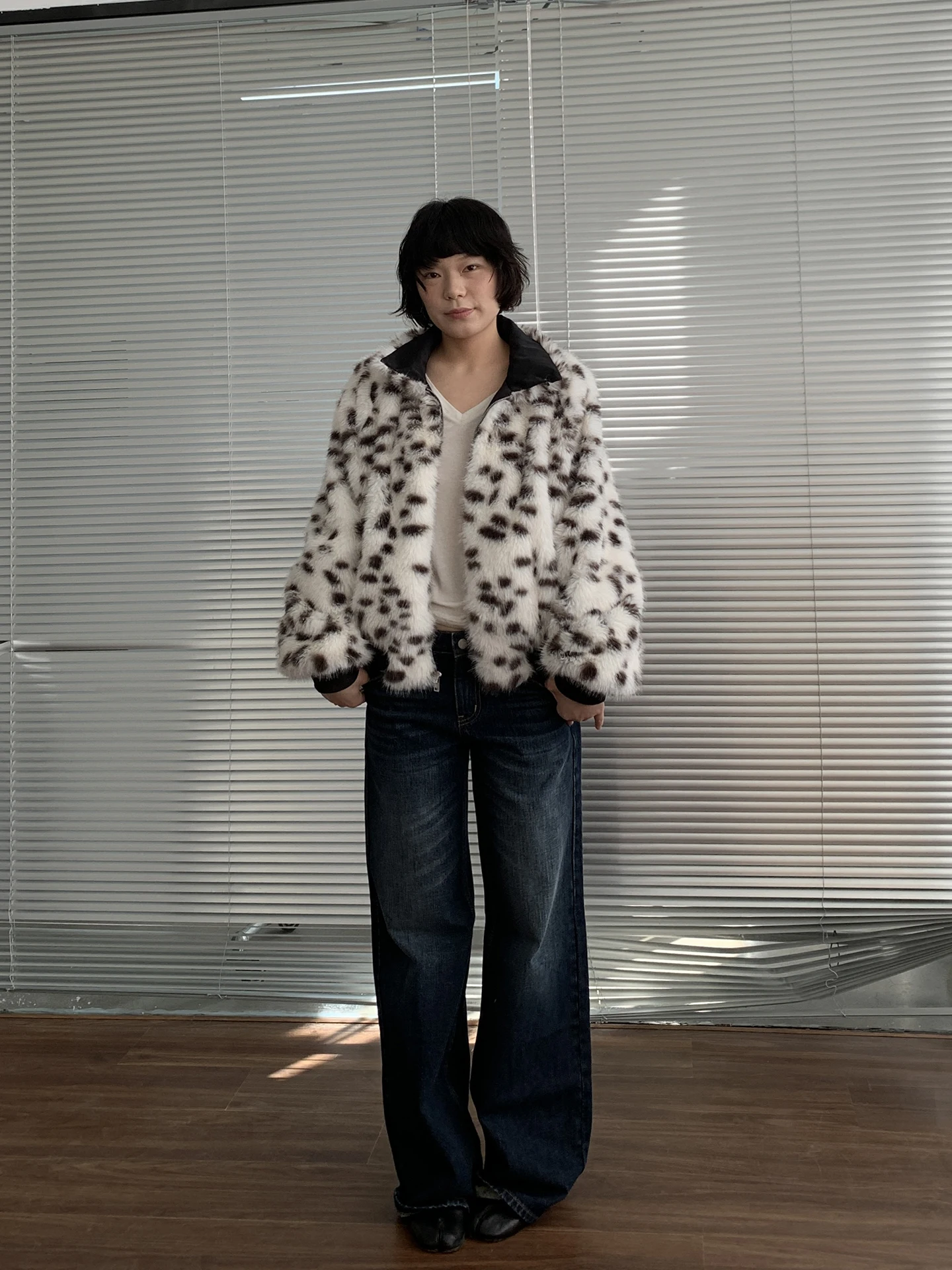 

Retro Animal Print Collared Cotton Jaet ort Double-Sided Winter Bla White Spot Outerwear Girls Food Warm Zipper Closure