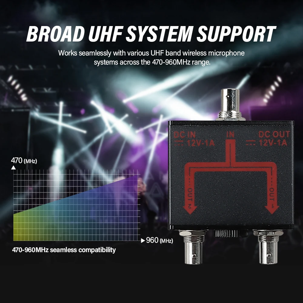 UHF Wireless Antenna Distribution System 470-960 MHz Range Wireless Microphone Signal Amplifier for Outdoor Stage Performances