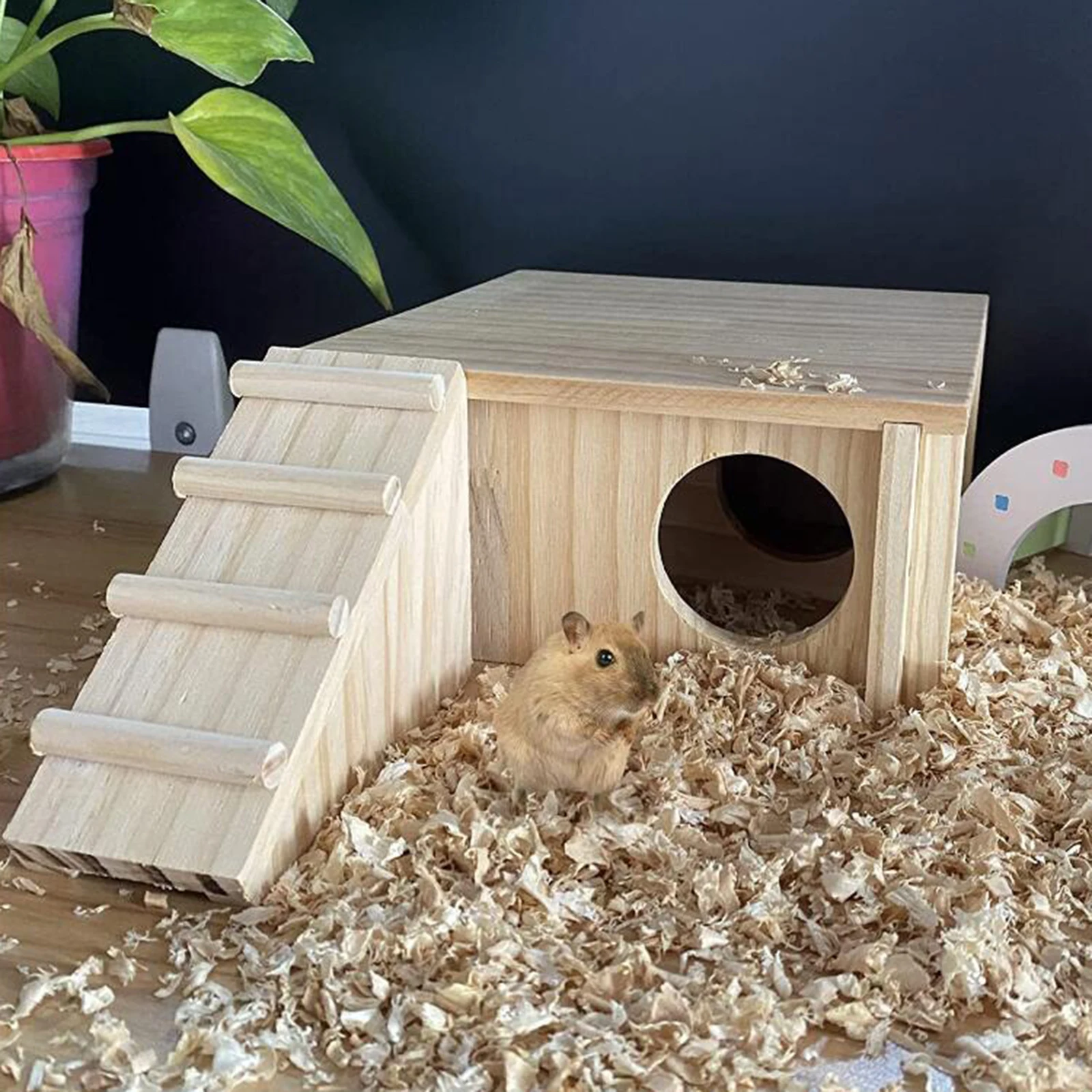 Hamster Wood House Sleeping House Cabin with Ladder and Window Cage Accessories for Gerbils Mouse Chinchilla