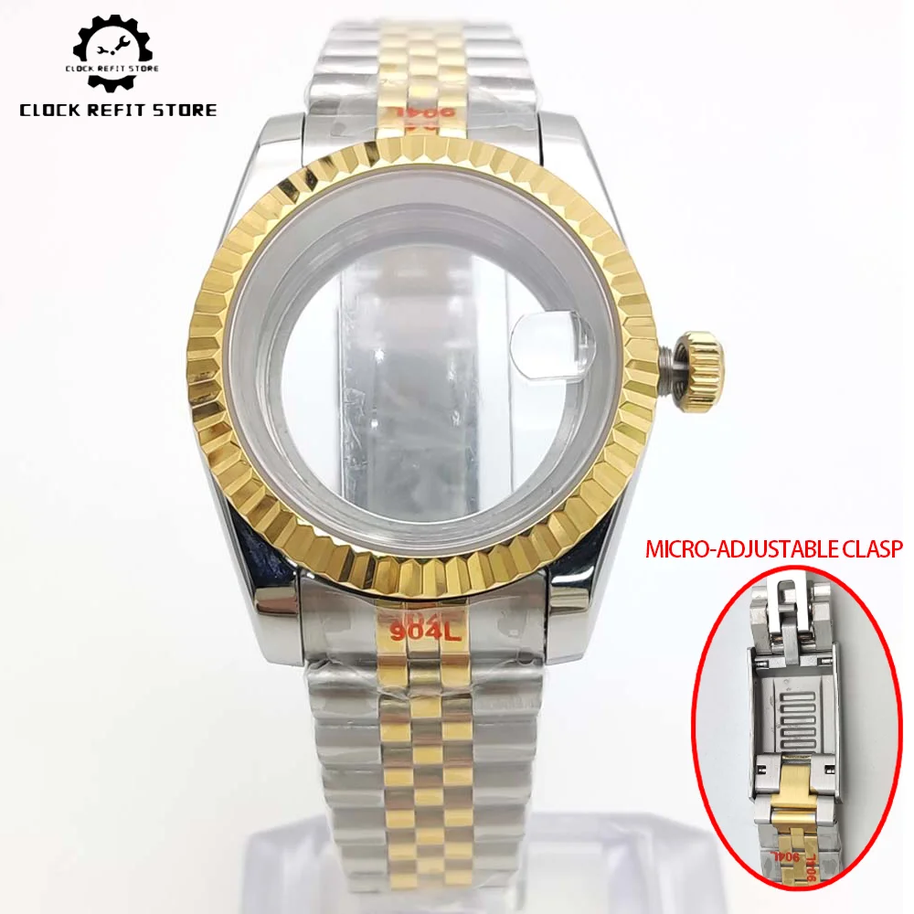 39 mm two-tone gold-plated case, Jubilee bracelet for calibre NH35/NH36, 28.5 mm dial, micro-adjustable stainless steel bracelet