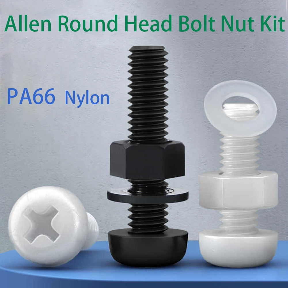 5-50Pc Vite e dado a testa tonda a croce con rondelle M2 M2.5 M3 M4 M5 M6 M8 Viti in nylon nero/bianco Kit dadi per bulloni filettati metrici