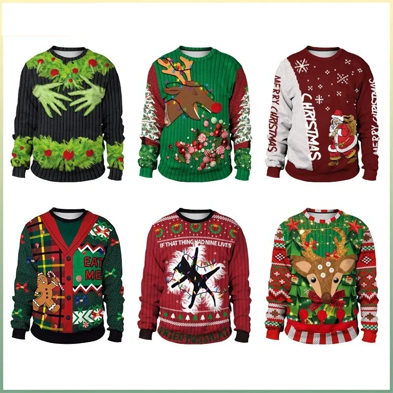 Men Women Xmas Sweatshirt 3D Christmas Wine Glass Bell The Gingerbread Man Print Ugly Christmas Sweater Holiday Party Jumper Top - view 2