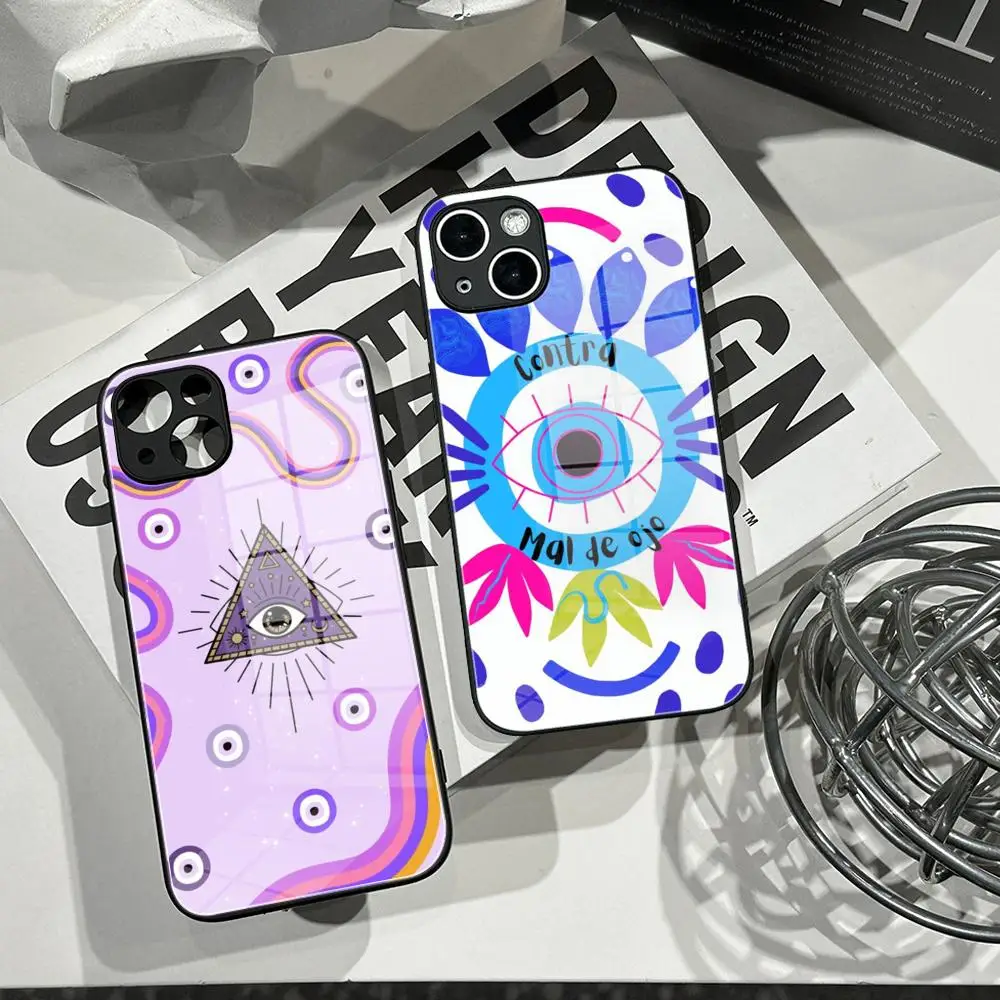 Evil Eye Illustrations Phone Case Tempered Glass Shell FOR IPhone 16ProMAX 14 12 17Pro Air 15 16 Plus 13 Pro MAX Cover
