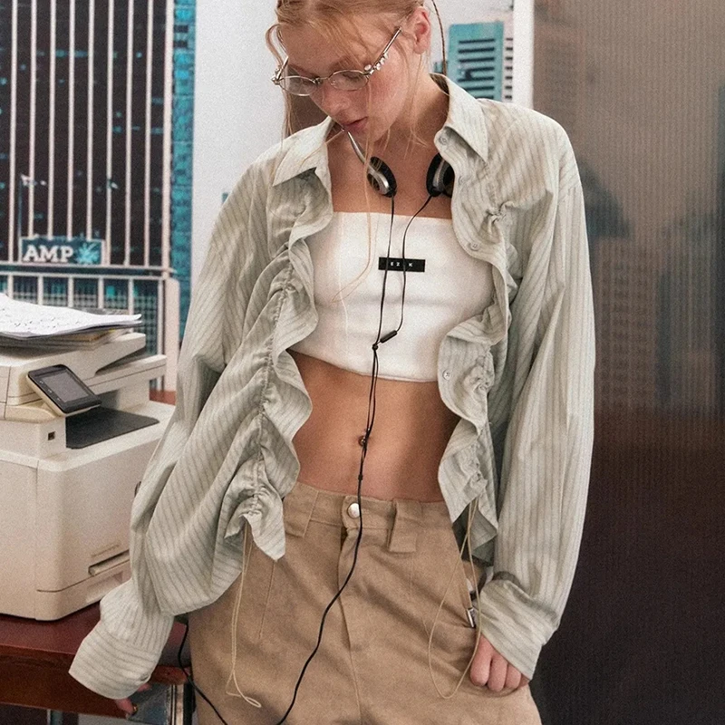 

Vintage American Drawstring Shirt Women Striped Ruffled Summer Loose Casual Blouse Y2K Harajuku Hiphop Lazy Long Sleeve Top