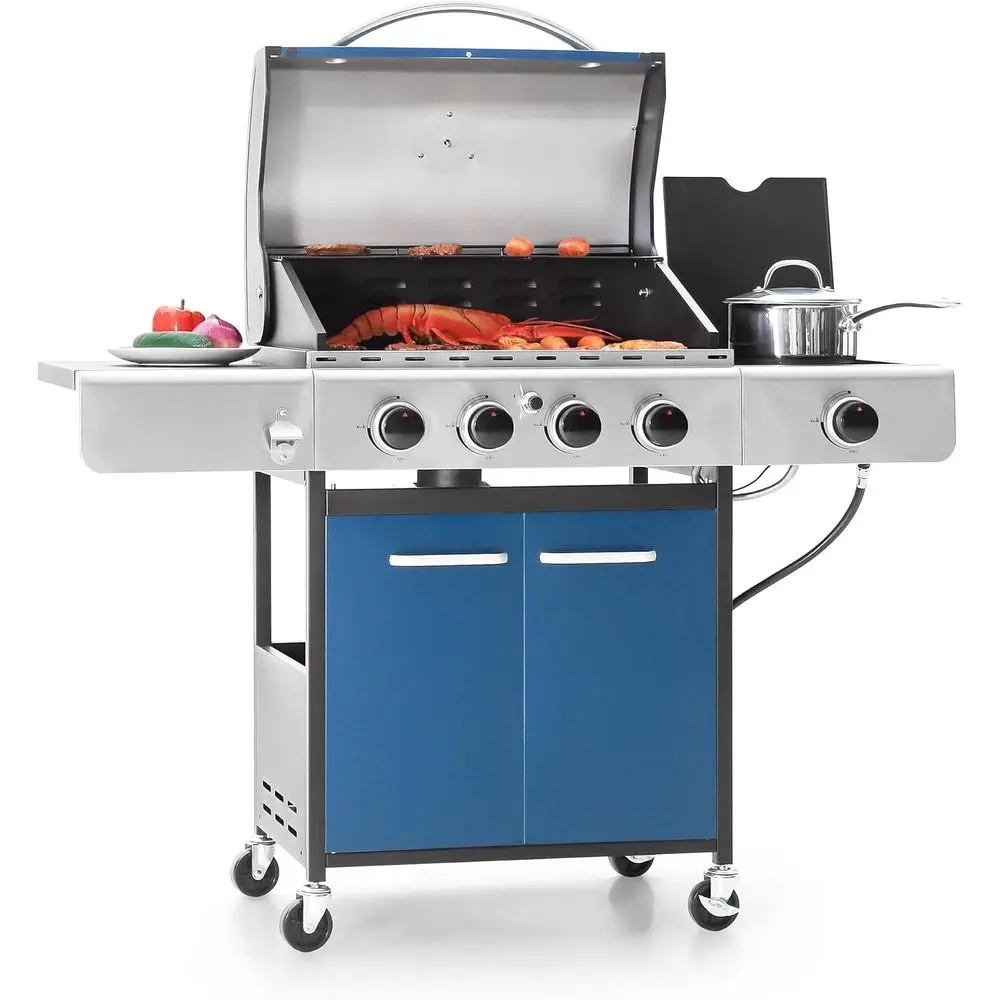 

4-Burner Propane BBQ Grill with Side Burner, Enamel Cast Iron Grates, 42,000 BTU Output, Blue
