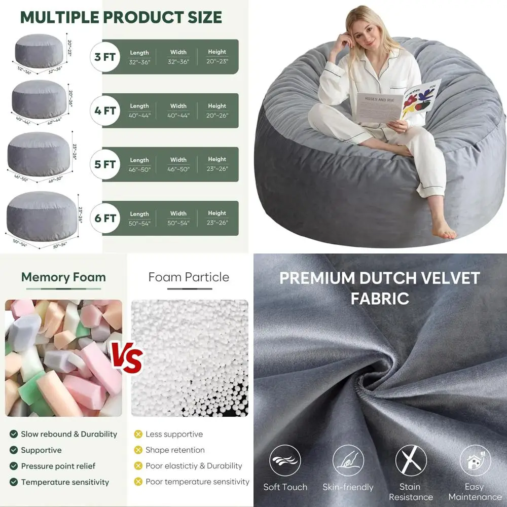 

3-Foot Grey Memory Foam Bean Bag Chair with Dutch Velvet Fabric and Pillow Included