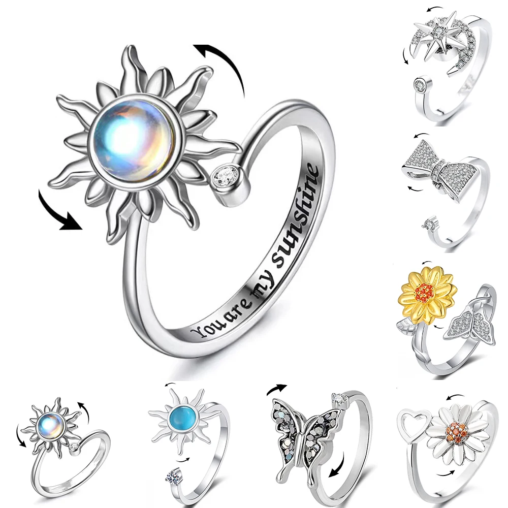 

Sunflower Crystal Anxiety Relief Spinning Fidget Ring For Girls Rotate Freely Metal Copper Knuckle Ring Women'S Jewelry Gifts