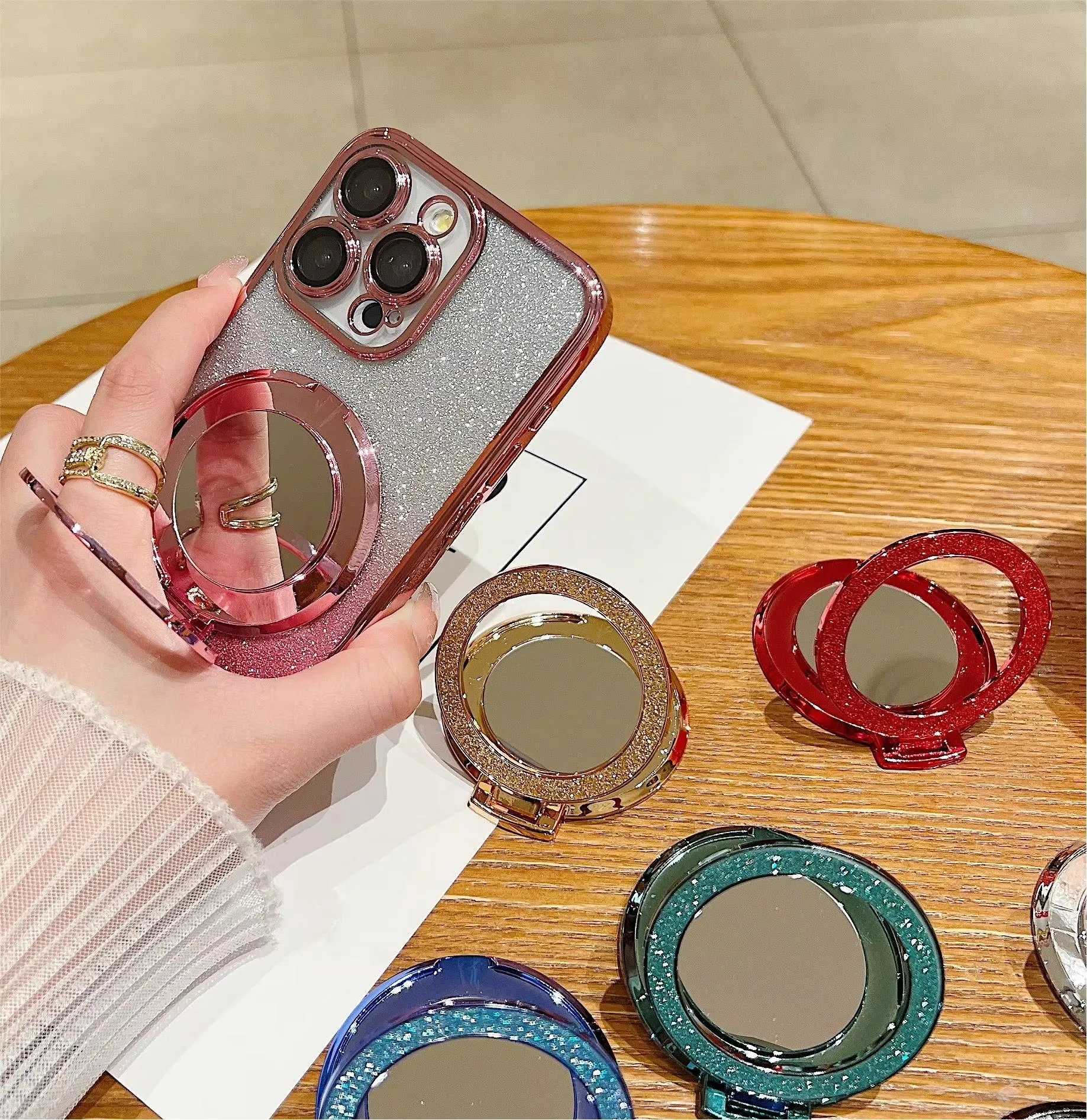 Glitter Bling Phone Ring Holder Foldable Makeup Mirror Kickstand 360 Rotating Finger Grip For iPhone 17 16 15 For Samsung Galaxy