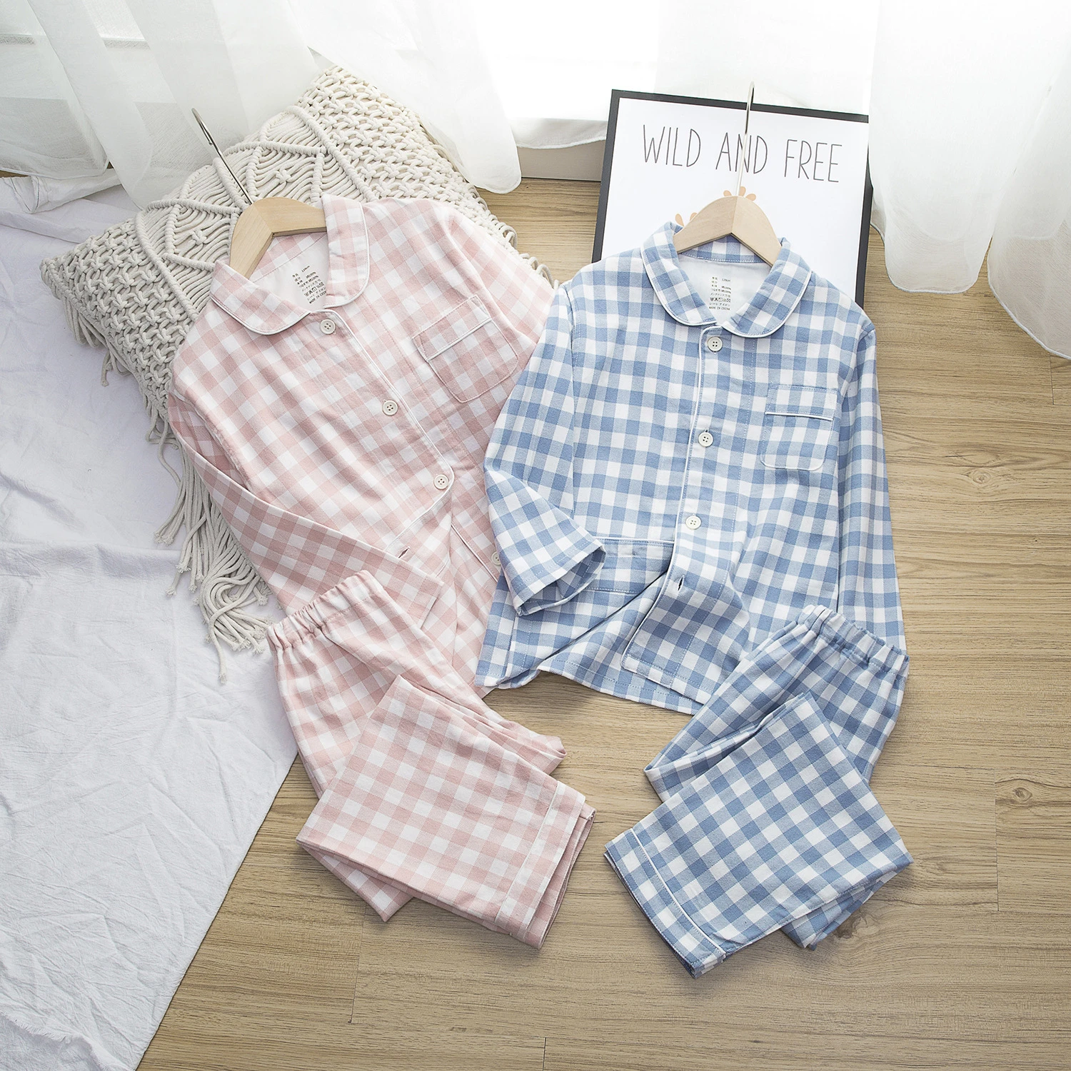 Kids 100% Cotton Home Suits Long-sleeved Trousers Suits Autumn Winter Pijamas For Boy And Girl Flannel Plaid Design Pajamas