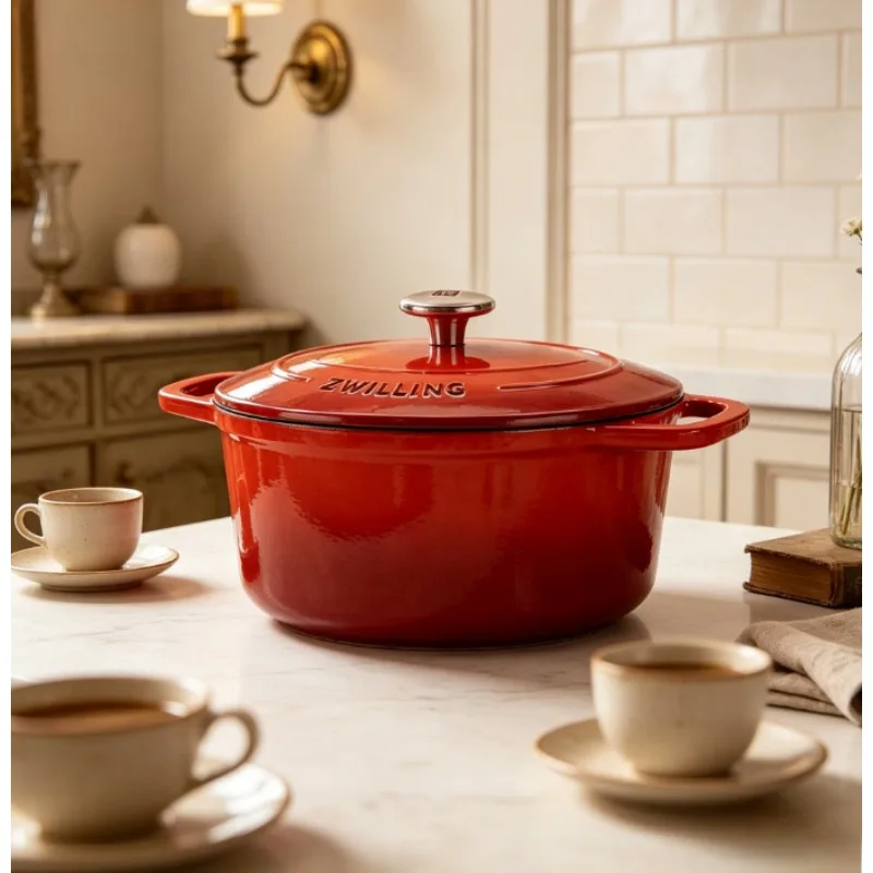Enameled Cast Iron Pot 20cm Red Round Soup Pot Dutch Oven Stew Pot Gas & Induction Compatible for Daily Home Kitchen Cooking