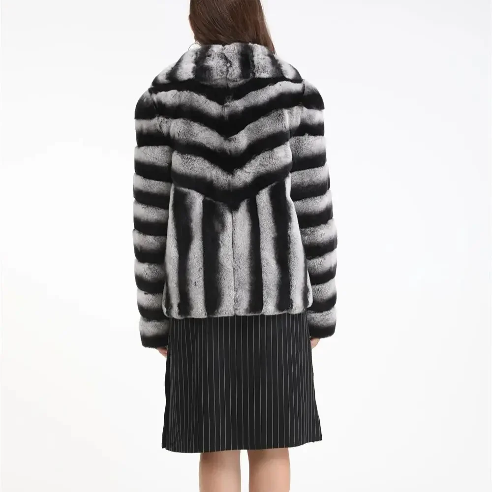 striped Rex rabbit  Jacket lapel chinchilla fur coats for women thick winter warm jacket