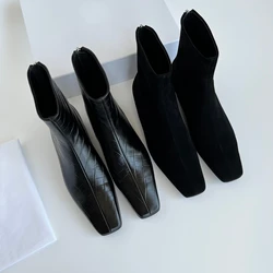 2022 New Square Head Elastic Sheep Suede Short Boots Black Chelsea Boots Low Heel Cowboy Boots Women