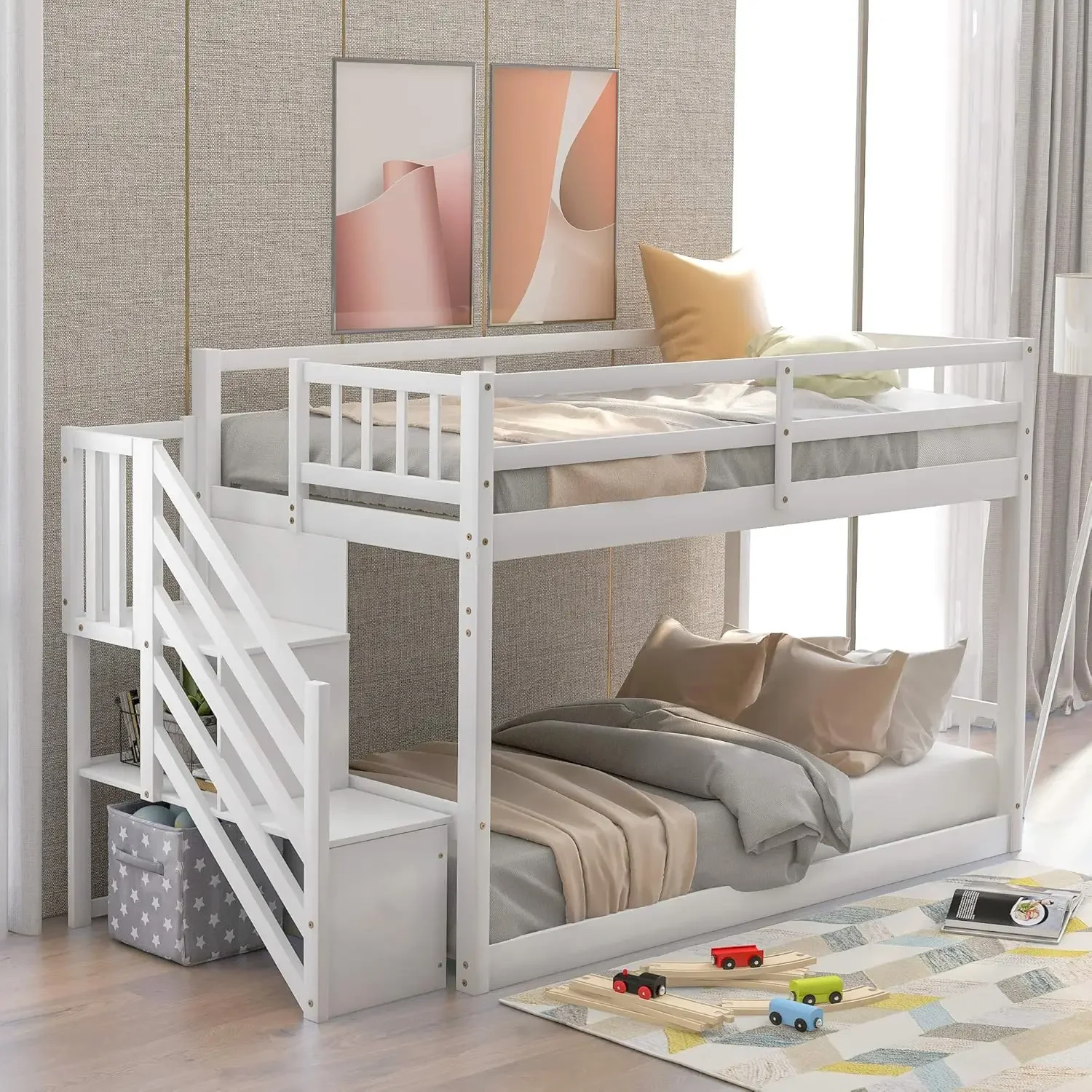 P Purlove Twin Over Twin Junior'S Low Bunk Bed With Storage Stairs,Wood Floor Bunk Bed With Storage For Kids Teens,Floor Twin