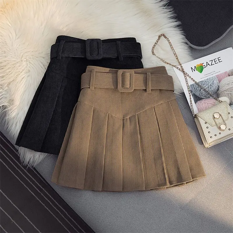 

Korean Fashion Midi Skirt For Women 2024 Spring Autumn Winter Solid Pleated Skirt Corduroy High Waisted A-line Short Skirts New