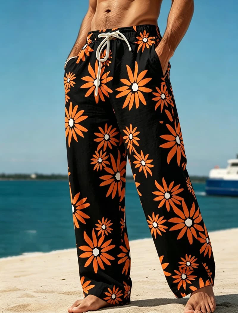 Men's tropical floral printed casual pants, loose drawstring style, bright summer design, for beach, travel and daily wear