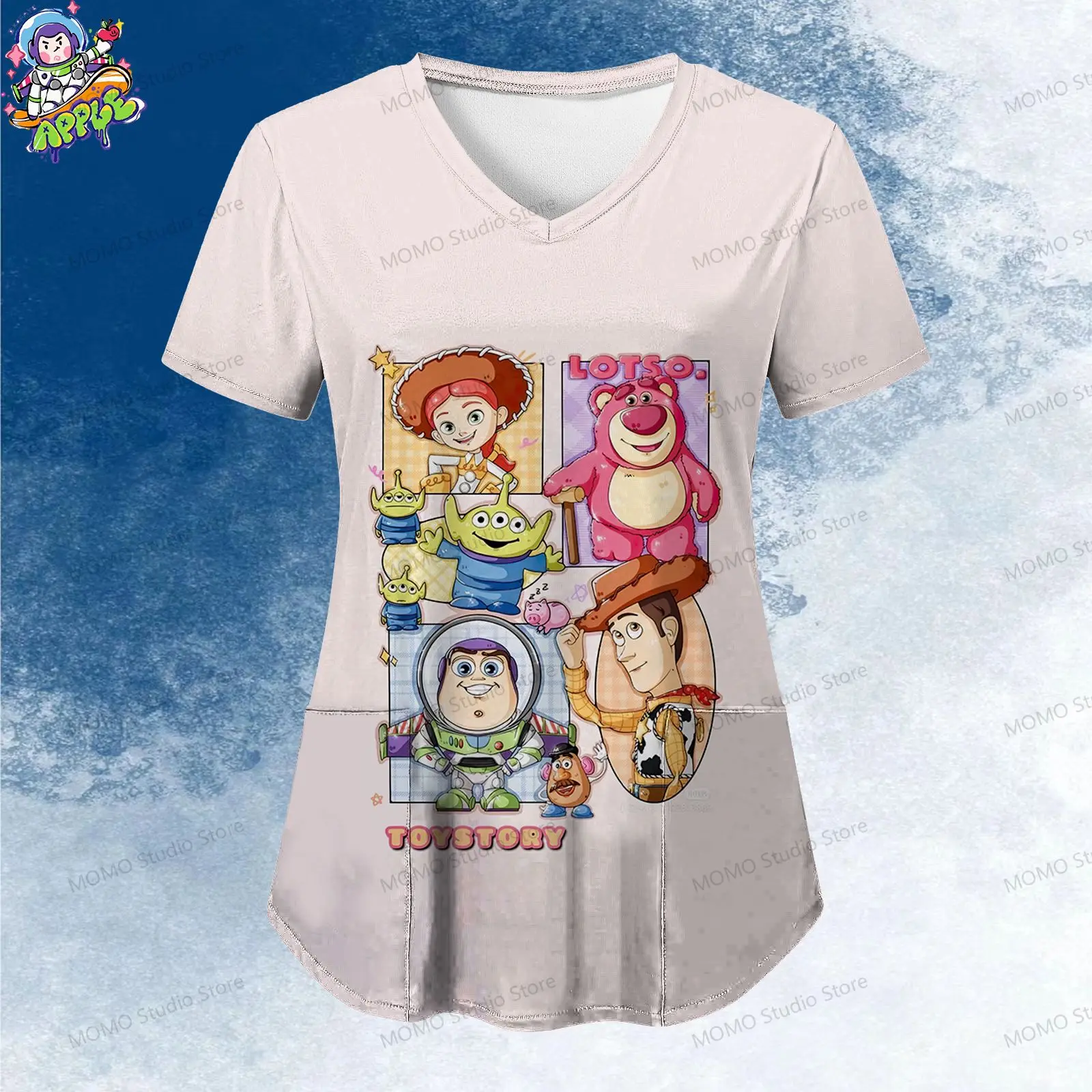 Women's V Neck Nurse Uniform T-Shirt Disney Toy Story Pocket S-2XL Tops Y2k Summer Top Woman Clothing Kawaii Short Sleeve Tee