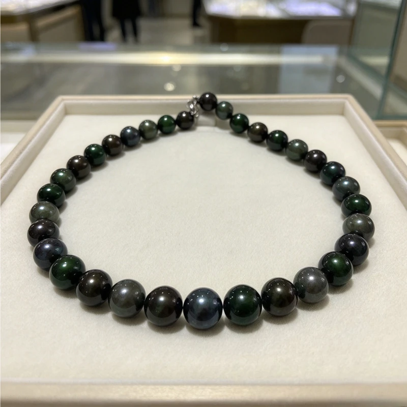Charming Peacock Green Beaded Necklace, 12-14mm Round Beads, Single Strand, 925 Sterling Silver