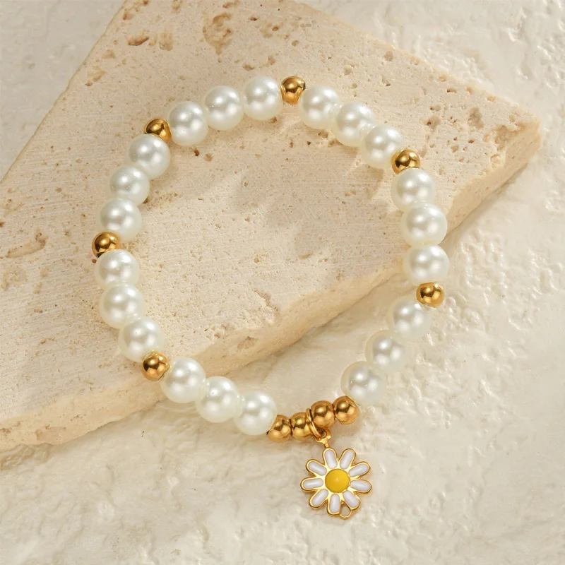 Nextvance Fashion Daisy Bracelet Imitation Pearl Beads Stainless Steel For Women Handmade Wrist Chain Accessories Jewelry Gifts
