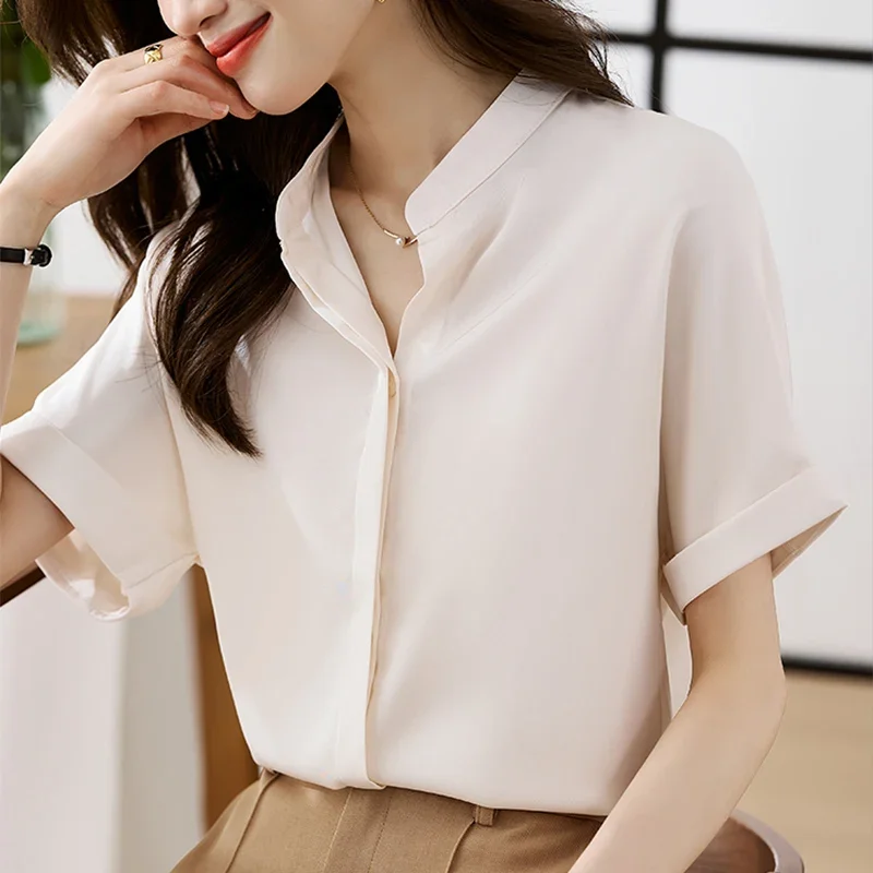 

Office Lady Solid Button Short Sleeve Shirts Summer Casual Loose Elegant Fashion V-neck Blouse Comfortable Chiffon Cardigan Tops