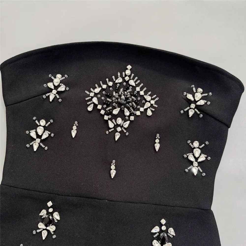 2026 Sommer Neues Luxuriöses Strass-Bandage-Kleid Damen Perlenbesetztes Trägerloses Elegantes Kleid mit Schal – Detail 8