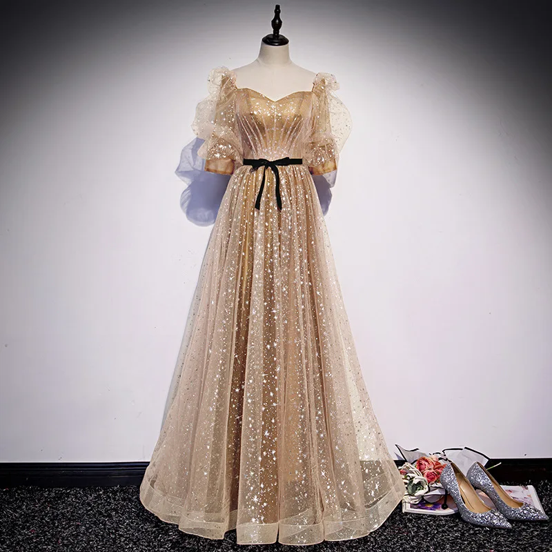 

Temperament Elegant Women Celebrity Banquet Dress Qipao Sexy Backless Sequin Evening Party Dress Golden Mesh Maxi Dress Vestidos