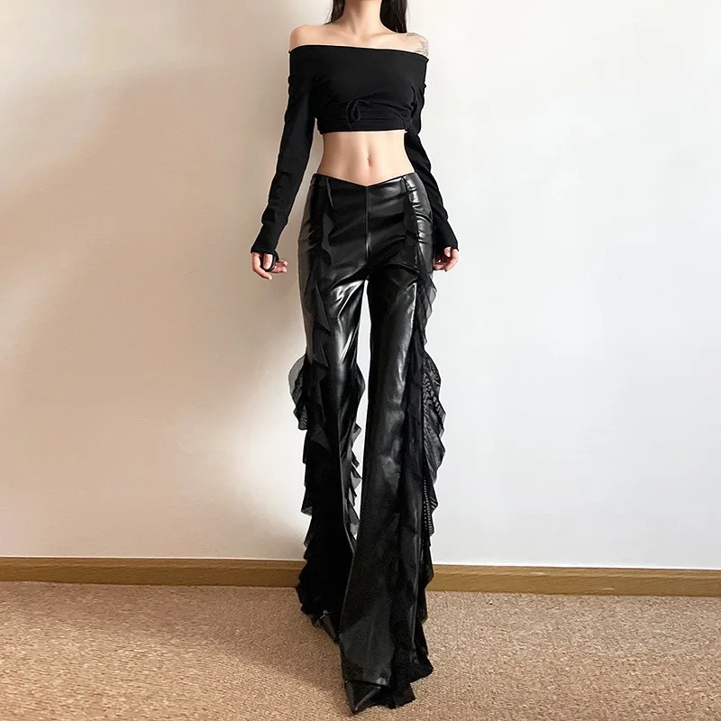 2026 Spring/Summer High Waist Street Fashion Spice Girl Mesh Splicing Design Women's Leather Pants