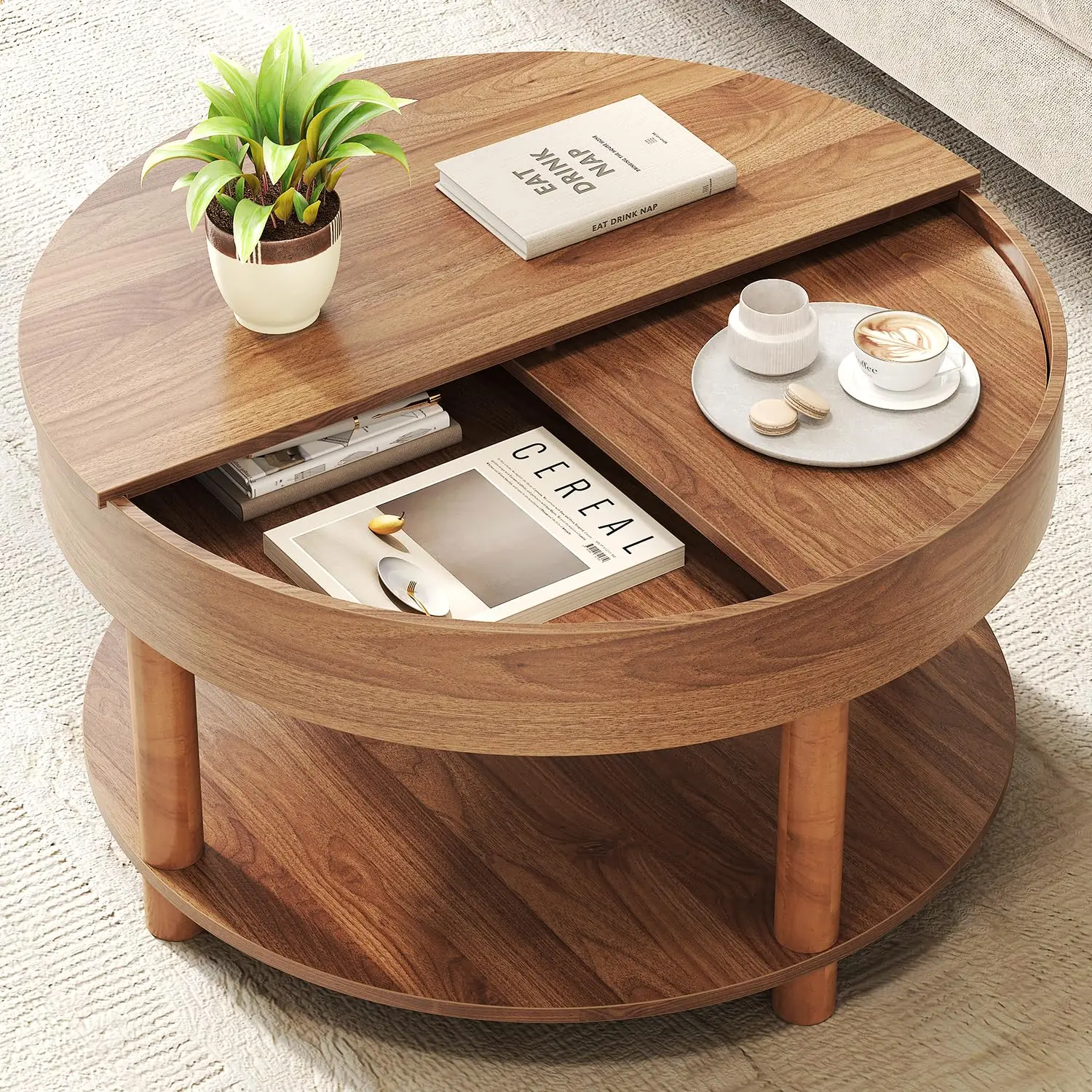 Walnut Round Coffee Table 2-Tier Storage 360° Rotating Removable Tray Living Room Bedroom Office, Customized