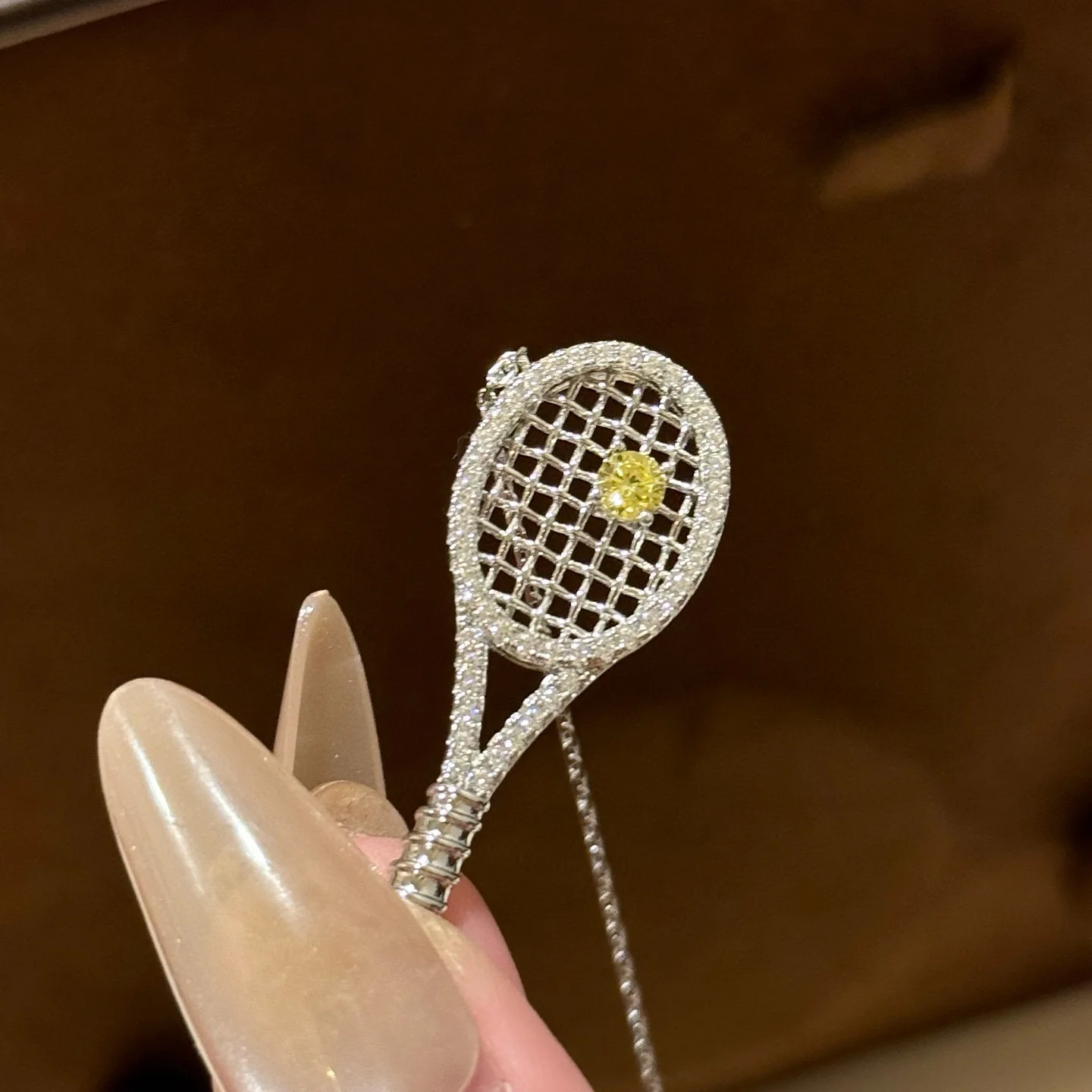 

S925 Sterling Silver Yellow Synthetic Zircon Hollow Tennis Racket Cute Design Pendant Necklace