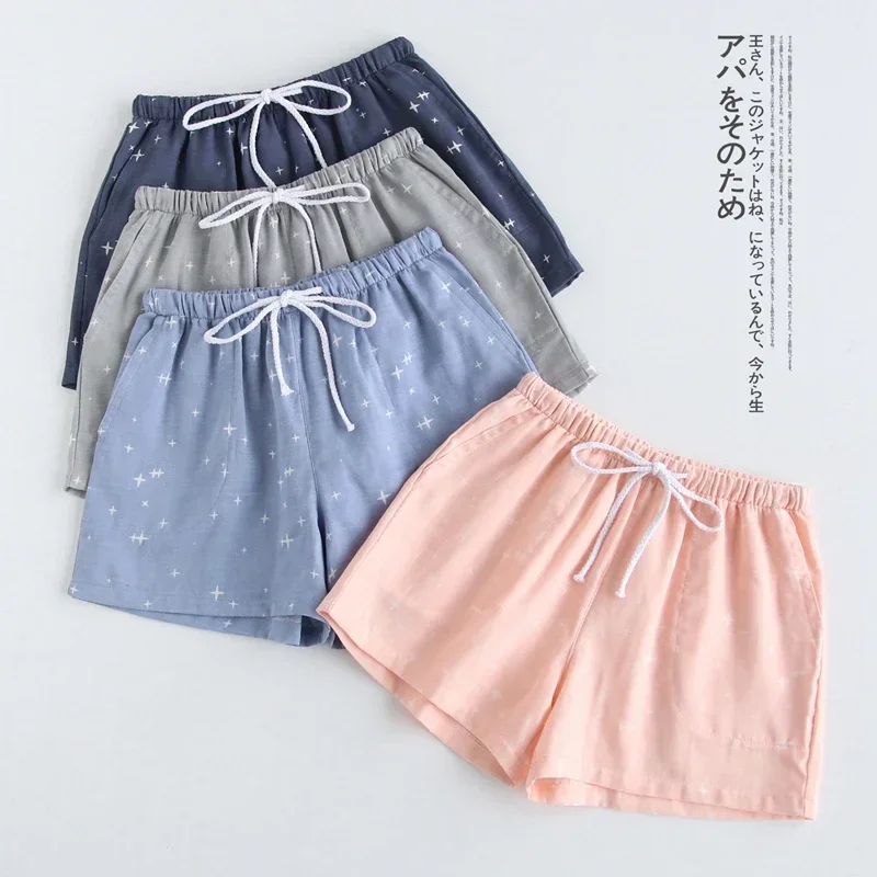 Couple pajamas summer cotton gauze shorts Japanese style simple elastic waist casual large size lattice men and women home pants