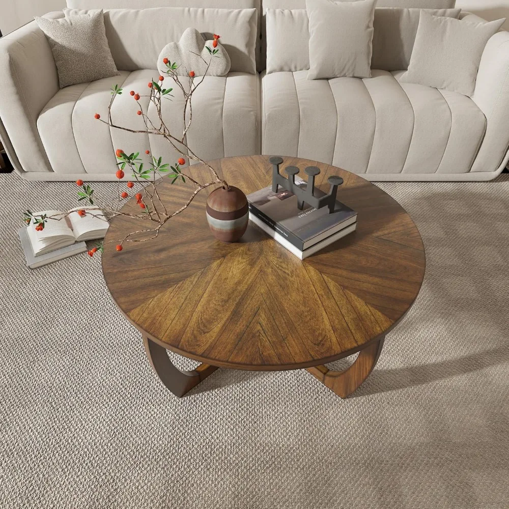 Round Wood Coffee Table, Mid Century Modern Round Walnut Coffee Tables for Living Room, 33.5 Dia. Circle Drum Coffee T