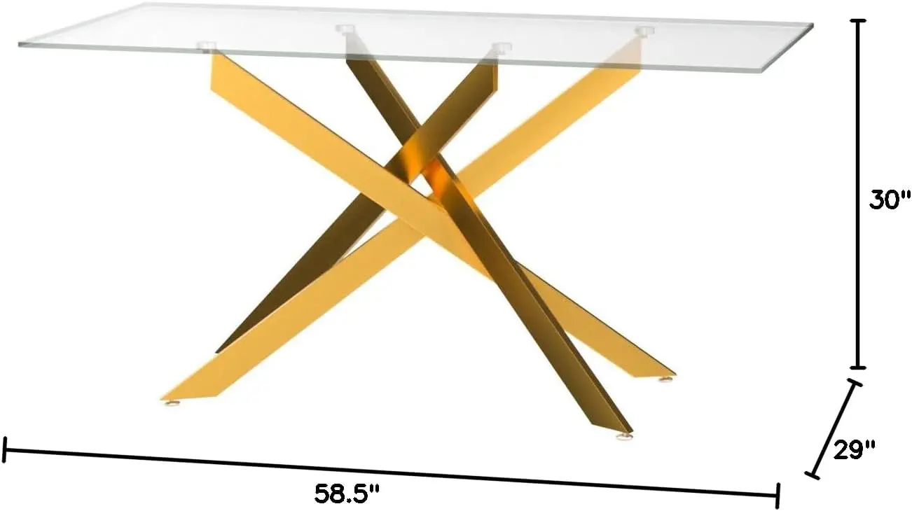 Choice 58.5” Rectangle Glass Dining Table, Tempered Glass Table Top and Metal Tubular Legs, Modern Style Table for Home, Kitchen