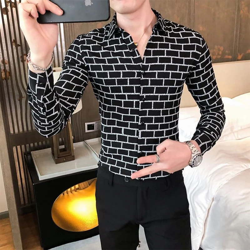 Spring Autumn Polo-neck Vintage Plaid Printing Shirt Male Long Sleeve Korean Fashion Casual Blouse Hombre Slim All-match Top Men