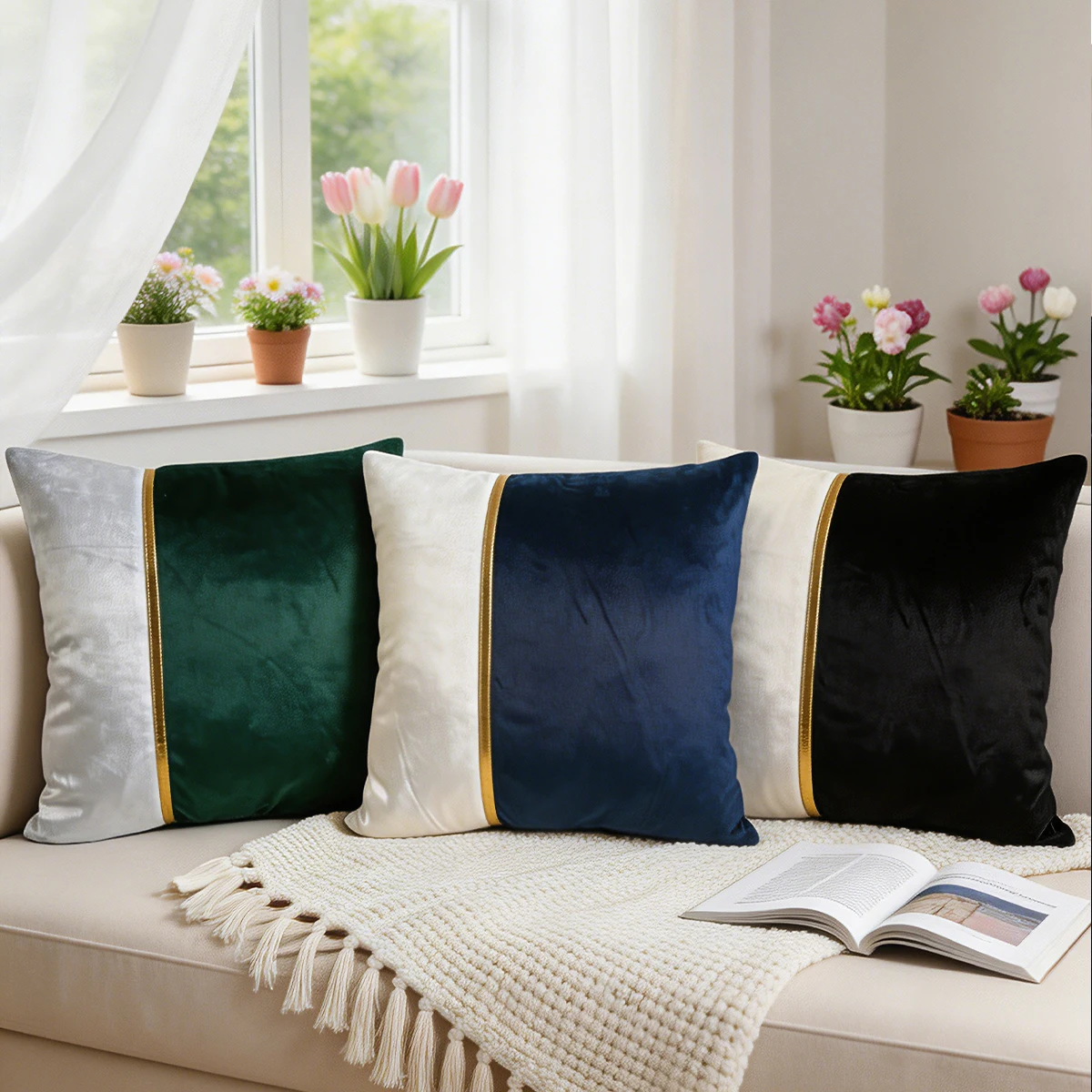 2-Pack Velvet-Contrast Gold Leather Square Pillow Covers 45x45cm Sofa Living Room Decorative Cushion Covers No Inserts Included