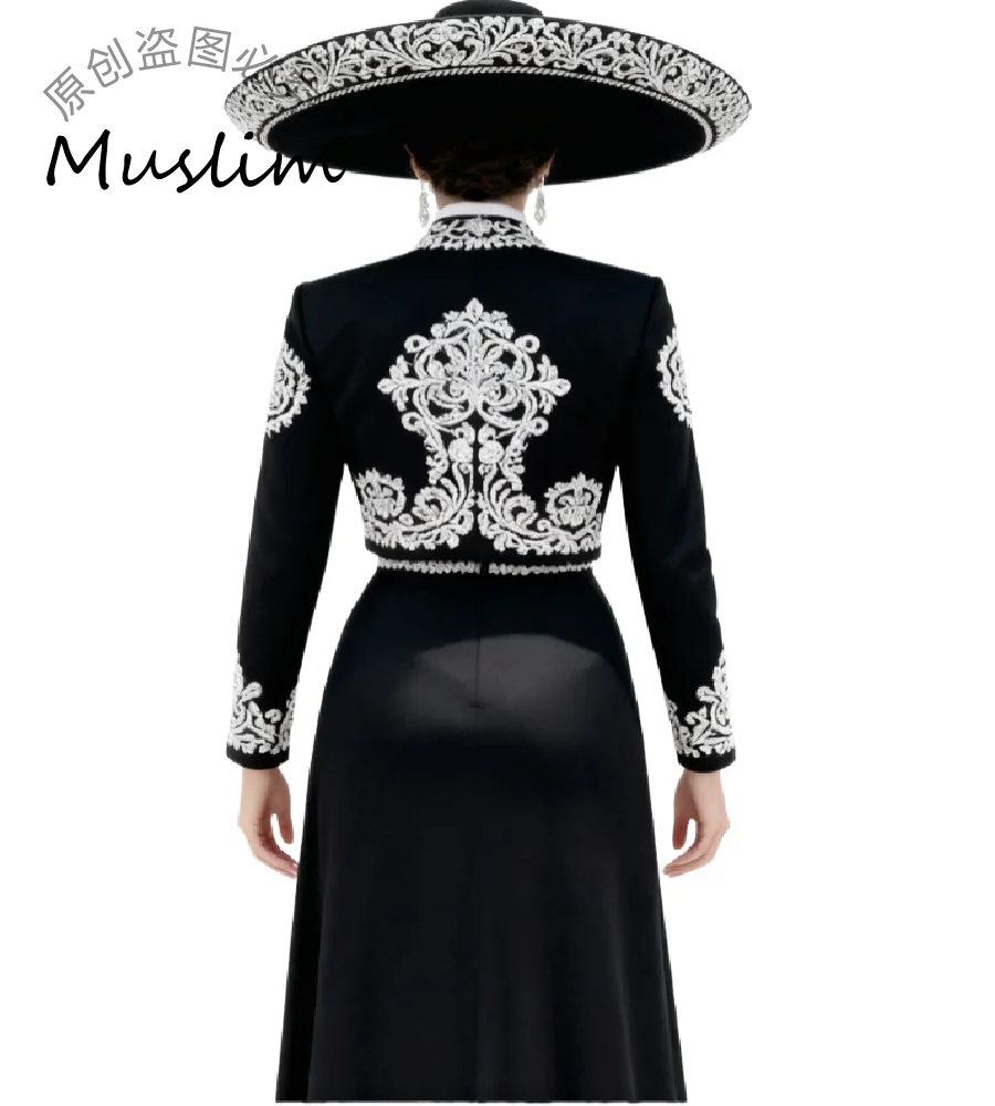 فستان سهرة أسود تقليدي من Charro المكسيكي 2026 قطعتين أديليتا زي للحفلات الراقصة دانتيل عتيق مناسبة رسمية