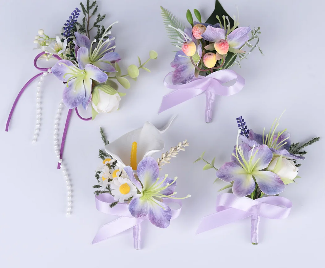 Dream purple simulation jasmine brooch wedding groom's lapel wedding bride's wrist flower high-end western-style guest brooch.