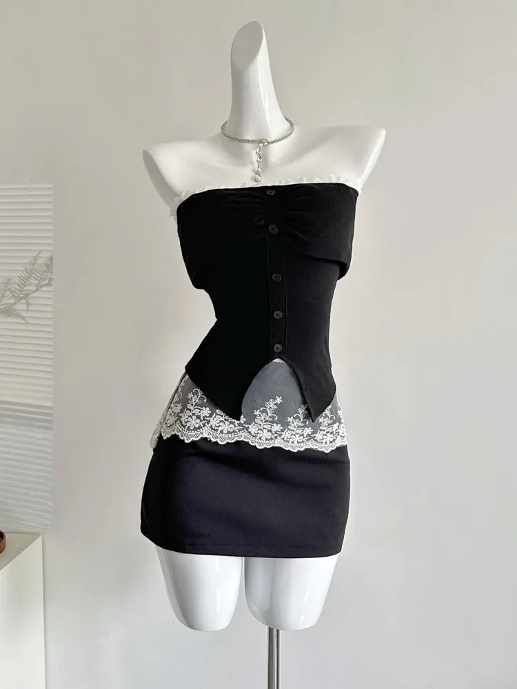 

Lace Fashion Suit Female Top Off Shoulder Slim Sexy Tops + Bag Hip Skirt Women Black Chic New 2025 Spring/Summer Two-piece Set