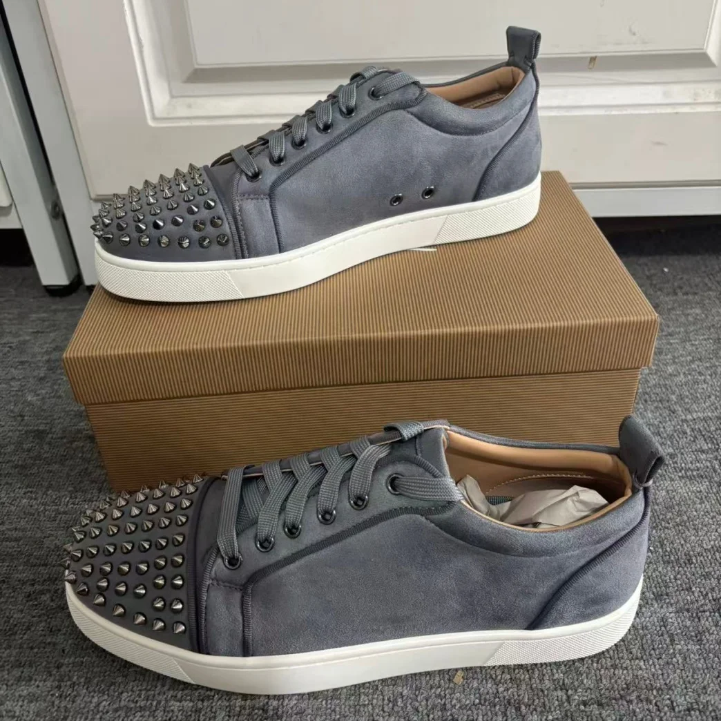 Zapatillas deportivas unisex de franela gris con suela roja para mujer y hombre, punta redonda, con cordones, suela plana, informales, deportivas, personalizadas, tallas 35-46 DE