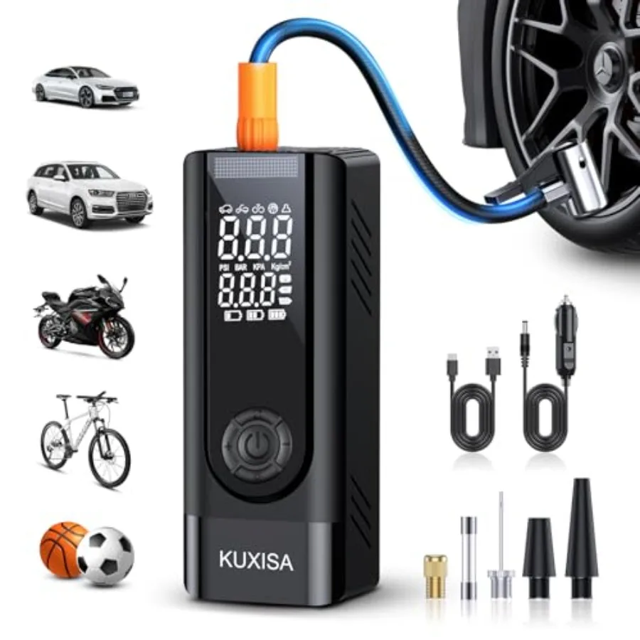 

Portable air compressor for cars motorcycles bicycles balls, black ABS plastic, 180PSI max pressure, digital gauge and 3X faste