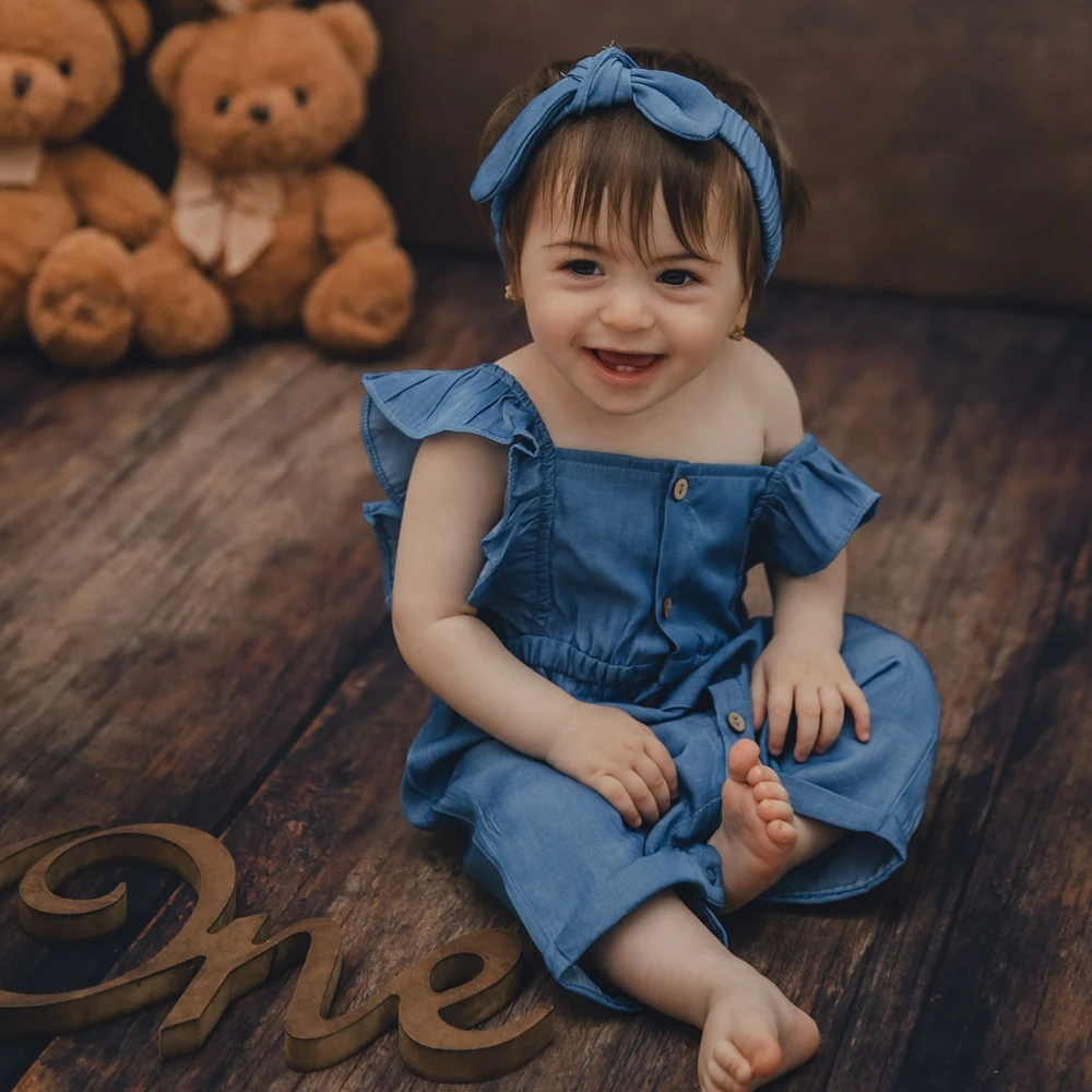 Newborn Photo Props Baby Girl Blue Ruffle Denim Romper Bunny Headband Set Soft Infant Photography Outfit Baby Shower Gift