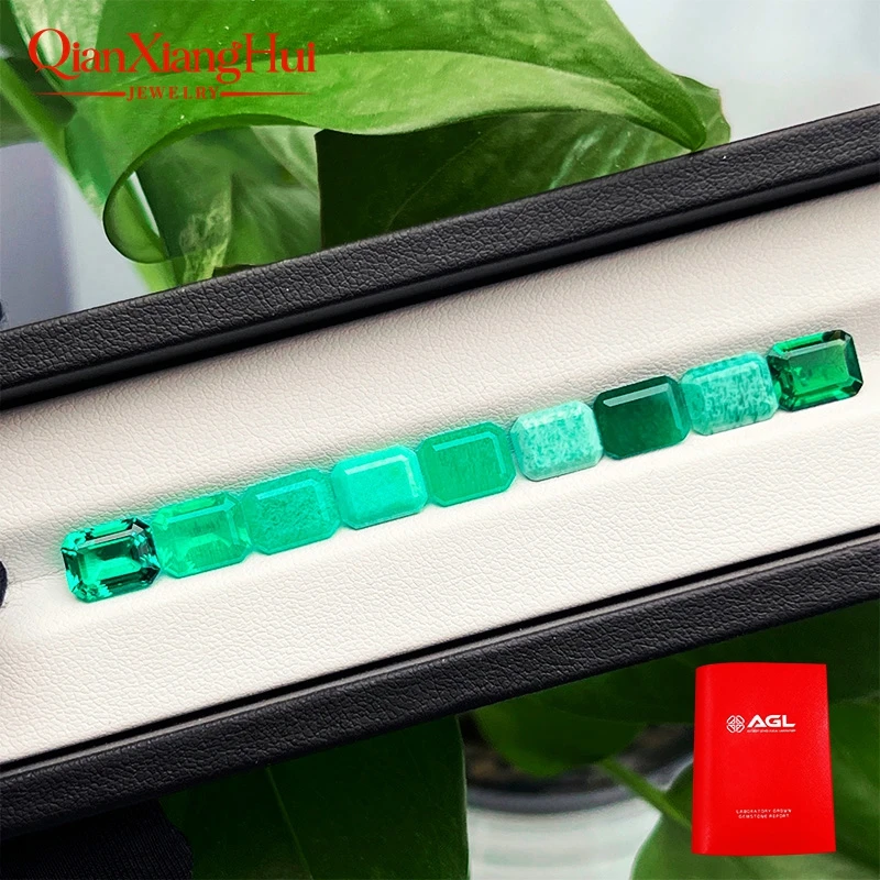 9 Colors Transparent or Opaque Green Rectangular Lab-Grown Hydrothermal Emerald with Minor Inclusions for Jewelry Designs
