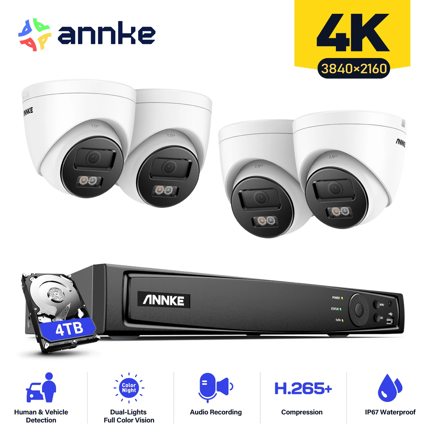 

Сетевая система видеонаблюдения ANNKE, 8 каналов, 4K Ultra HD, POE, 8 Мп, H.265 + сетевой видеорегистратор, 4 всепогодных IP-камеры 8 Мп, комплект видеонаблюдения