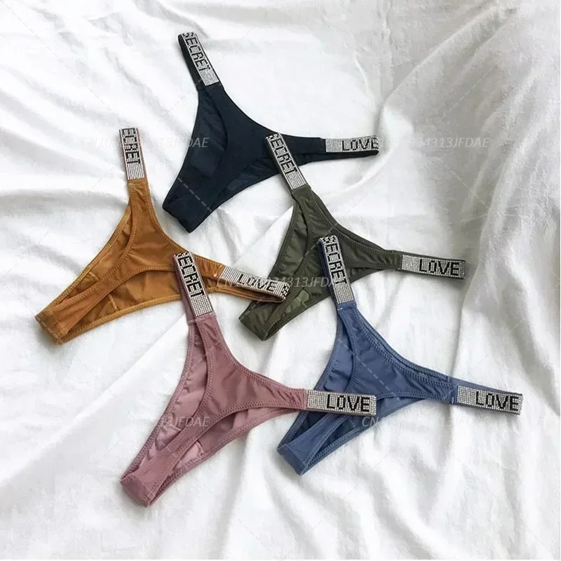 Women Pantie Crystal Rhinestone Sexy Underwear Fitness Gym Thongs Low Rise Fashion Tanga for Female Push Up Lingerie With Letter