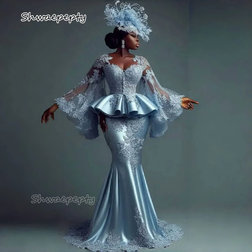 

Aso Ebi African Lace Mermaid Prom Dress Lace Appliques Flare Sleeves Long Elegant Satin Special Occasion Wear Evening Customized