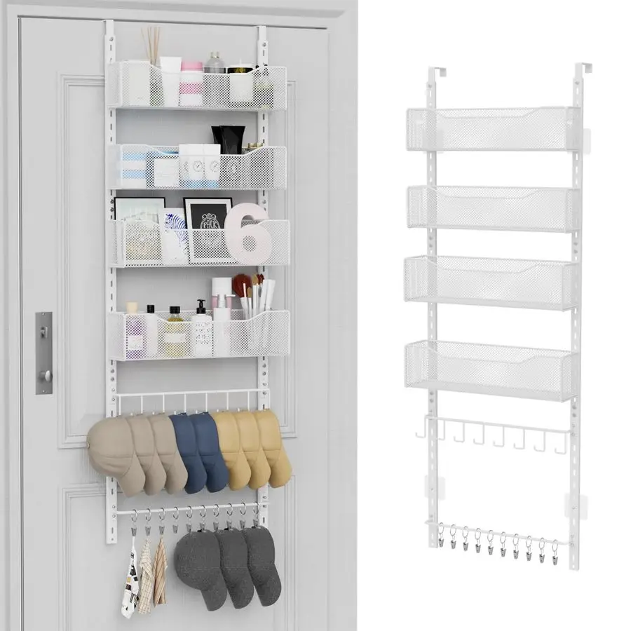 

Органайзер для двери, металлический подвесной органайзер для шкафа 2-в-1 и вешалка для головных уборов с 4 регулируемыми корзинами, 8 крючками, 10 зажимами, для установки за дверью
