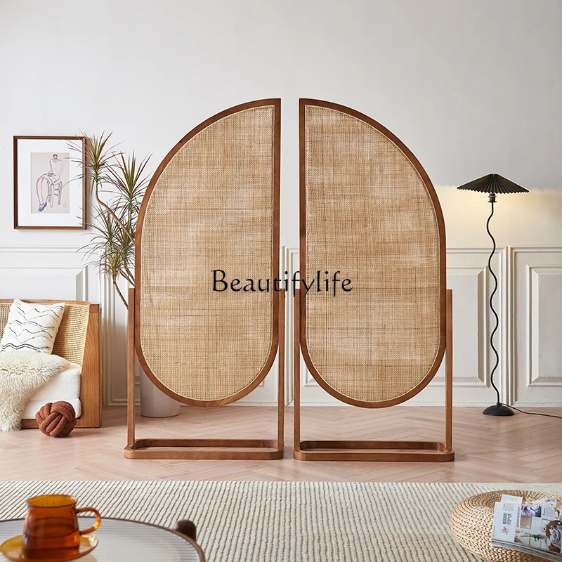 

Rattan Screen Solid Wood Partition Living Room Movable Seat Screen